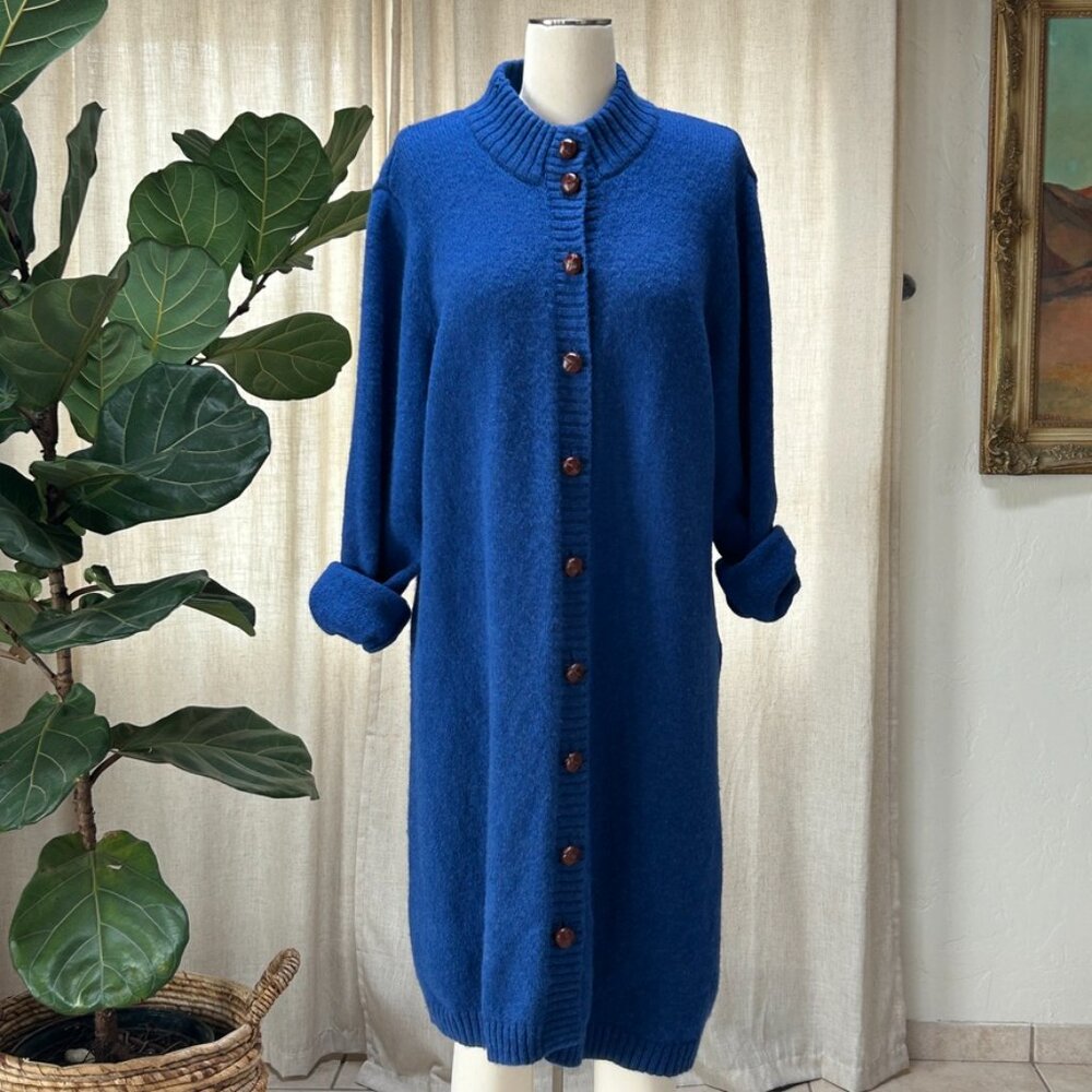 Coastal Grandmother Blue Wool Button Front Cardigan Longline Sweater‎ L Orvis